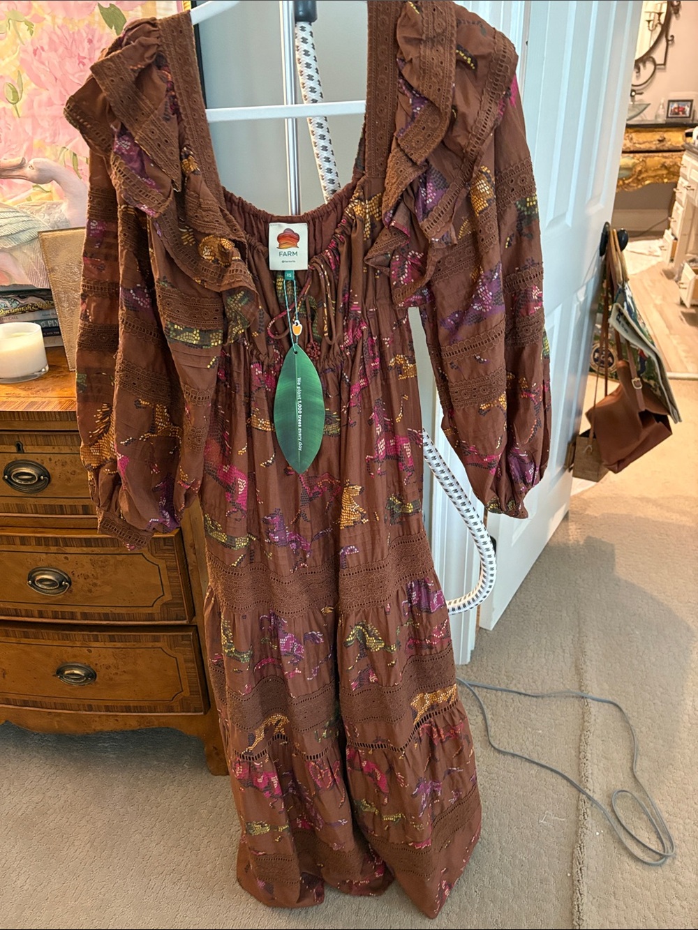 FARM Rio Brown Maxi Dress with Pink, Purple & Yellow Floral Details